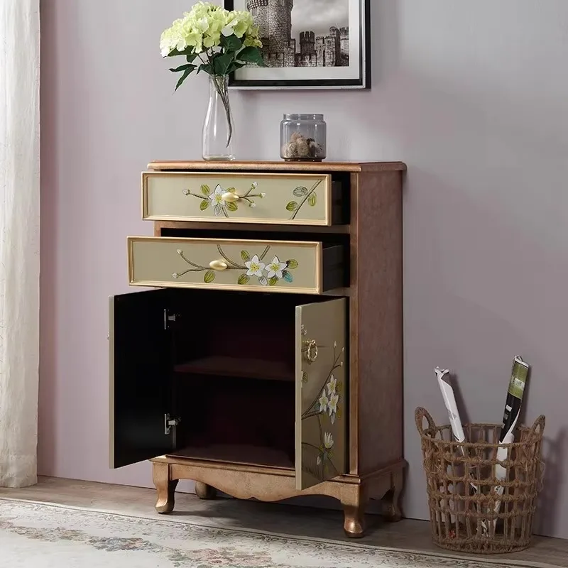 

Chinese Painted Gold Silver Foil Bucket Cabinet Solid Wood Entrance Partition Decorative Storage Cabinet