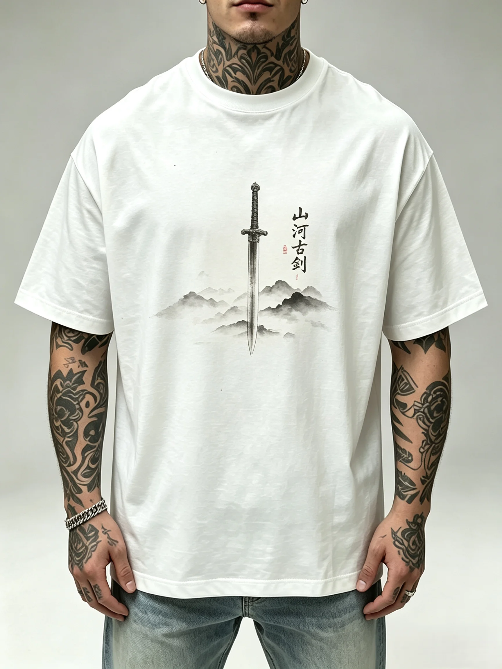 Unisex Ancient Mountain River Sword T Shirt Men Women Chinese Ink Landscape Calligraphy Graphic Oversized Short Sleeve Oriental Streetwear Tops