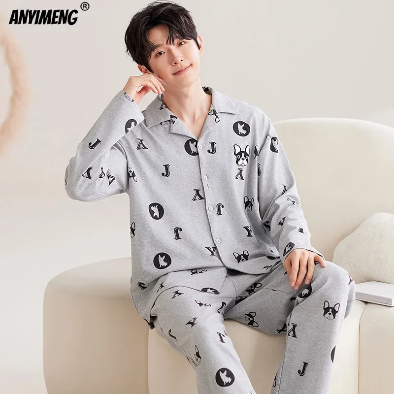 Gentleman Turn-down Collar Sleepwear Leisure Boys Pajamas Casual Mens Pijama Faux Cotton Soft Nightwear Autumn Spring Homesuit