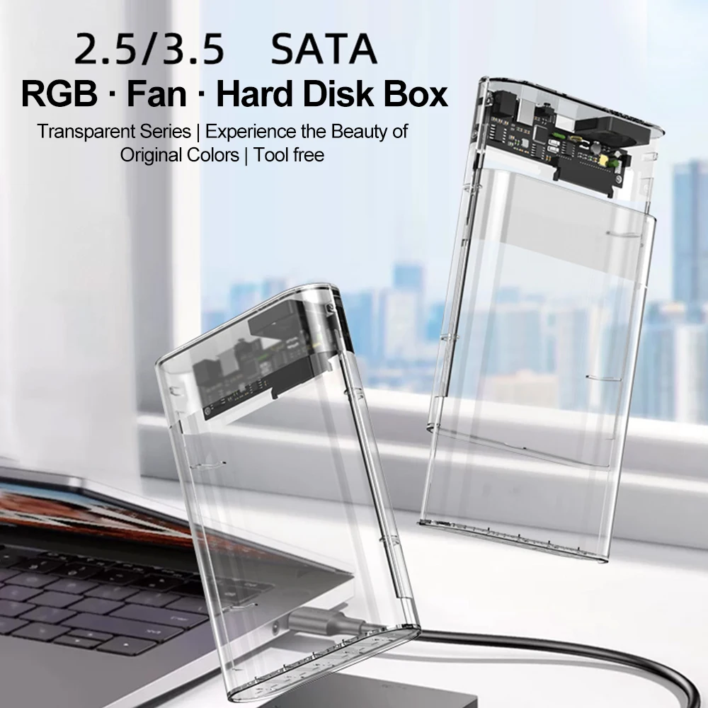 2.5/3.5 인치 HDD/SSD 인클로저 투명 USB 3.0-SATA 외부 HDD 케이스 지원 노트북 용 22TB SSD 박스 고속 어 ,2.5/3.5 inch HDD/SSD Enclosure Transparent USB 3.0 to SATA External HDD Case Support 22TB SSD Box High Speed Adapter for Laptop댑터