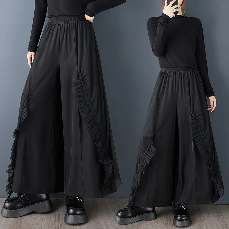 

Широкие брюки-палаццо из полиэстера, свободного кроя, повседневные, больших размеров, женские, осенне-весенние, новые, стройнящие, эластичные...