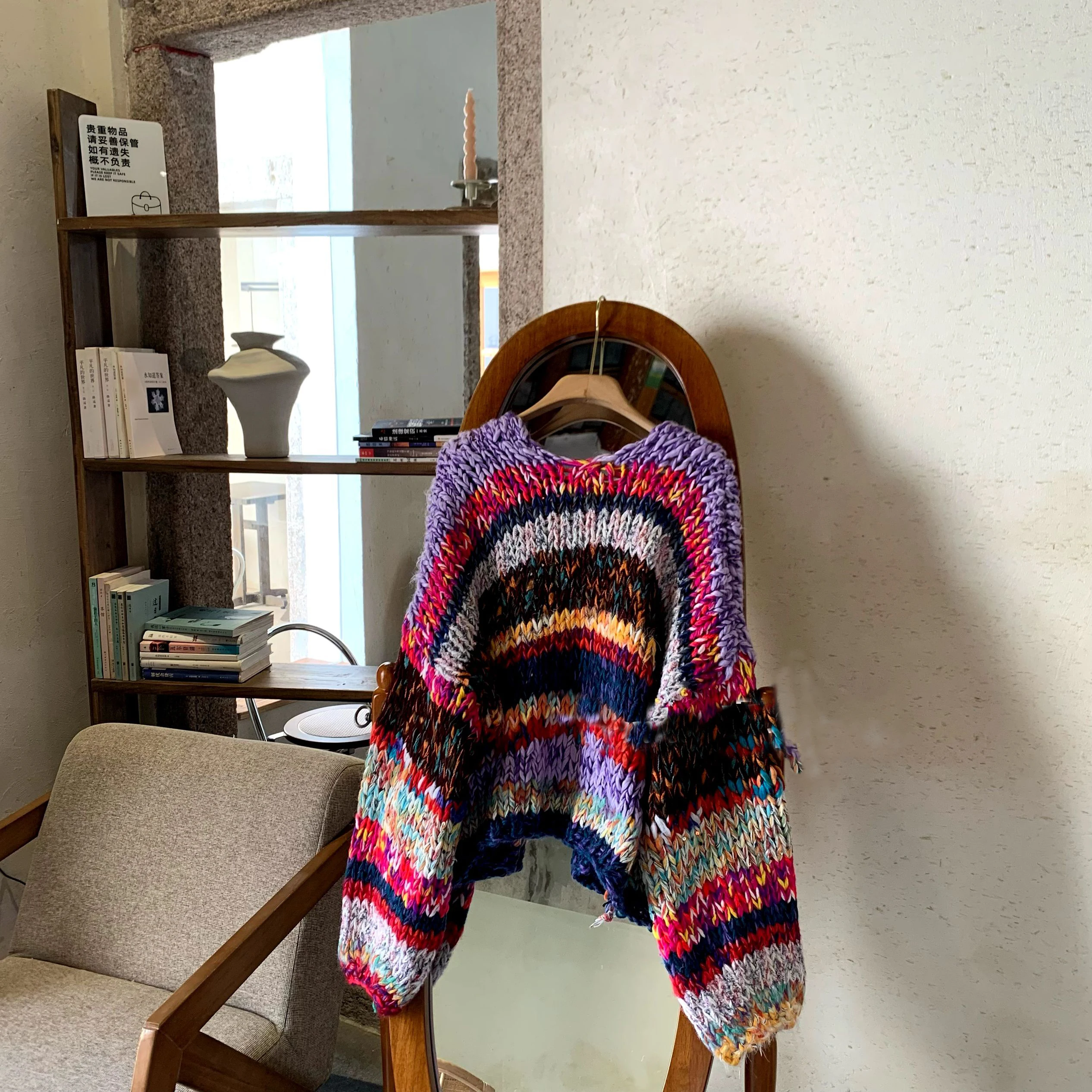 เสื้อคาร์ดิแกนถักไหมพรมหลากสีสัน งานแฮนด์เมด ทรงโอเวอร์ไซส์ สไตล์โบฮีเมียน ชิค คอตเทจคอร์ แฟชั่นเสื้อผ้าถัก