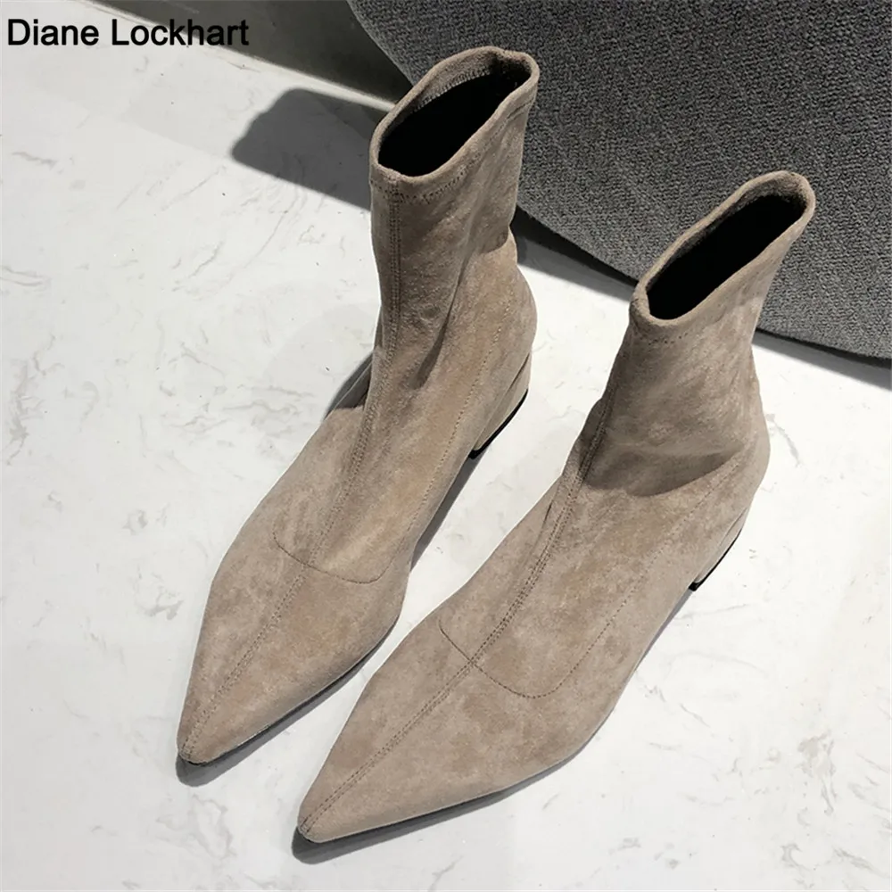 Fashion spring New Women Boots Pointed Toe Socks Boots Yarn lastic Ankle Boots Suede Thick Heel Shoes Female bota feminina