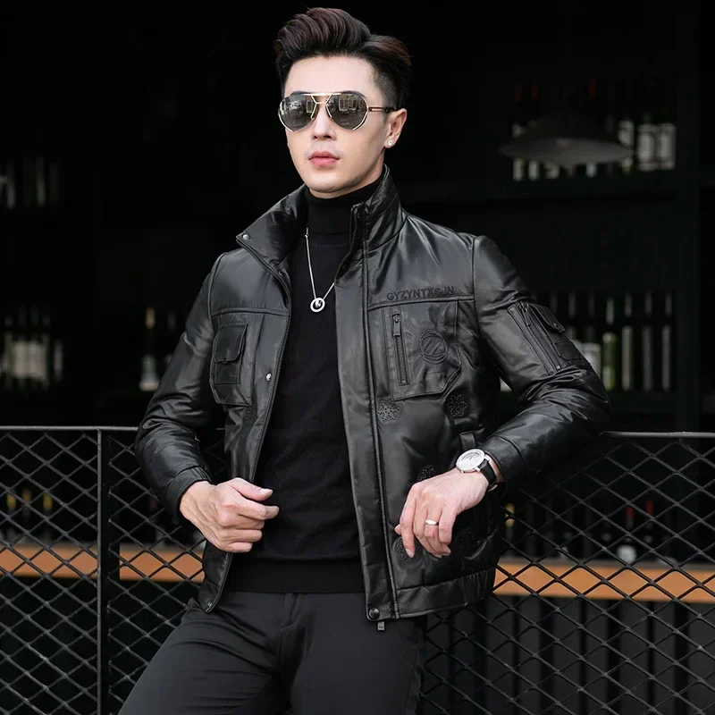 

Genuine Leather Jacket Men's Winter Short Down Coat 2023 New Real Sheepskin Puffer Jackets Male Thick Standing Collar Trend Tops