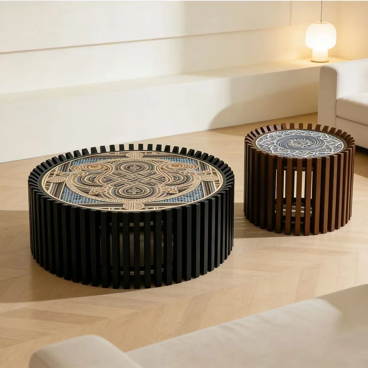 &c Chinese Light Luxury Retro Design Sense Coffee Table Set Wooden Hollow Geometric Pattern Home Furniture