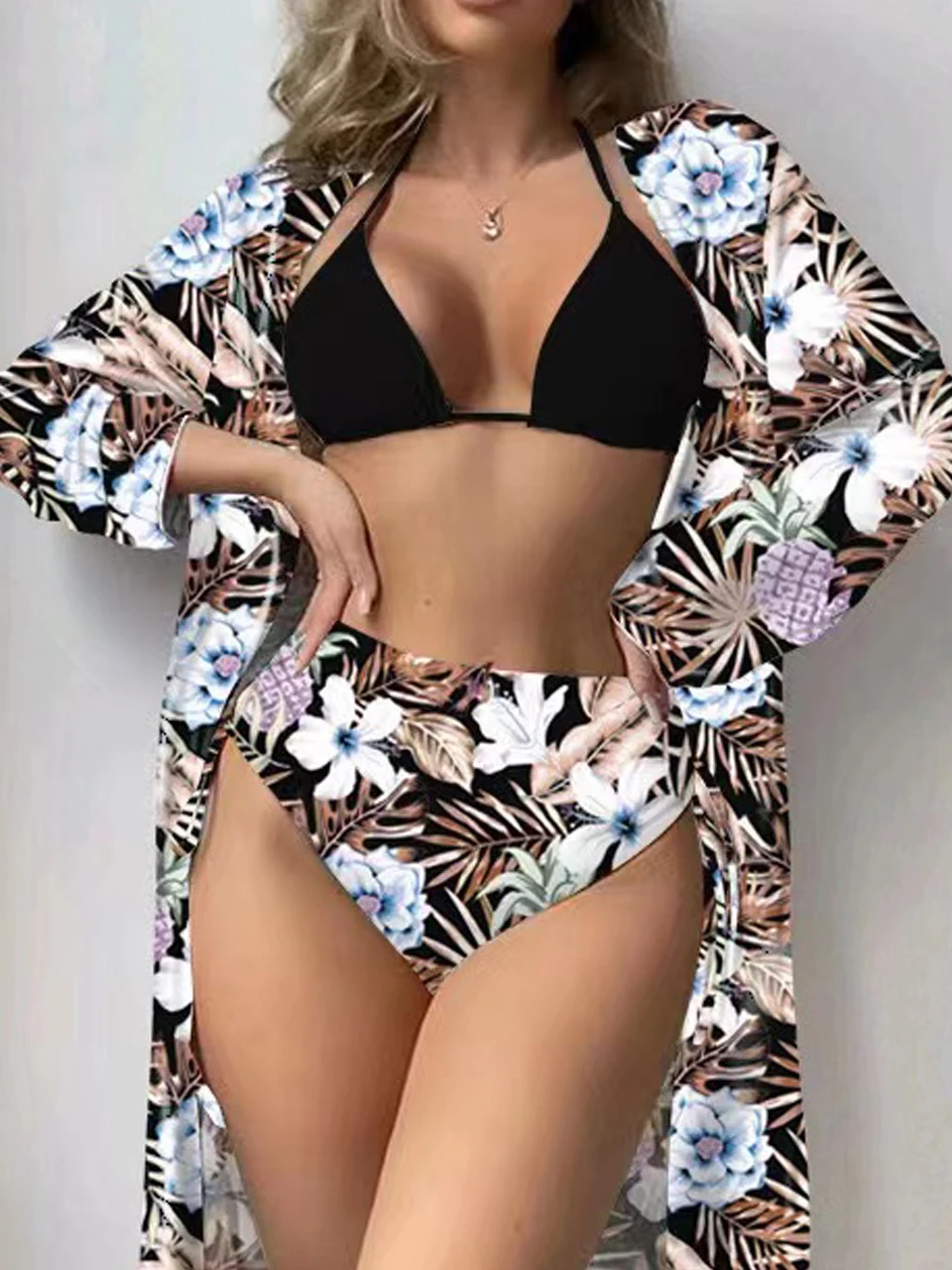 Lace Up Bikinis & Cover Up Long Sleeve Swimwear 2024 Women 3-Piece Print Swimsuit Summer Beach Bathing Suit Female Swimming Wear