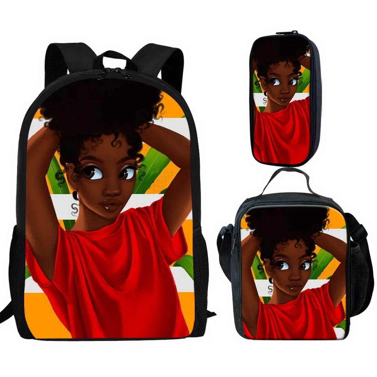 Trendy Popular Peculiar New African girl 3D Print 3pcs/Set Student School Bags Laptop Daypack Backpack Lunch bag Pencil Case
