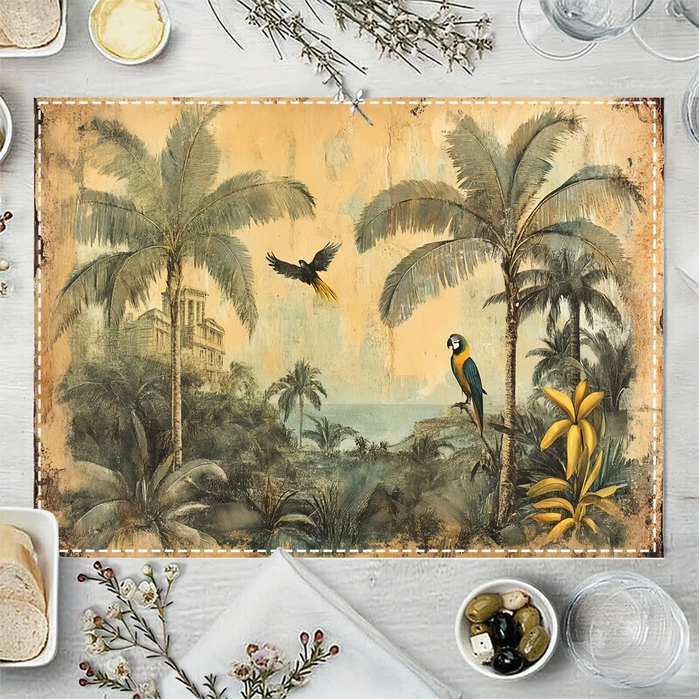 VIKAMA Tropical-Style Placemat With Vintage Palm Trees And Birds For Restaurant And Café Atmosphere Table Decoration