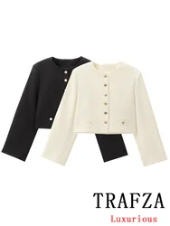 TRAFZA Vintage Casual Chic Women Jackets Solid O-Neck Single Breasted Long Sleeve Coats Fashion 2024 Autumn Holiday Elegant Top