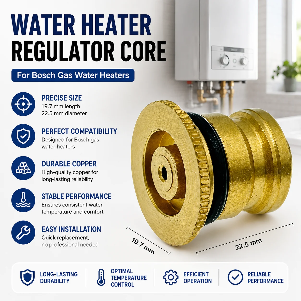 Copper Water Heater Regulator Core 19.7x22.5mm for Bosch Gas Water Heater Temperature Control Valve Replacement Part