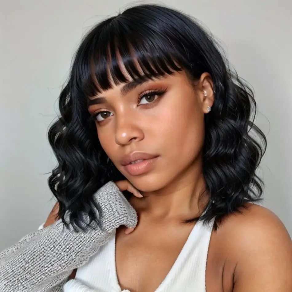 

Body Wave Bob Wig Bang Human Hair WigWigs 3X1 Middle Part Lace Brazilian Wig Full Machine Made Fringe Bob Wig 10 12 Inch