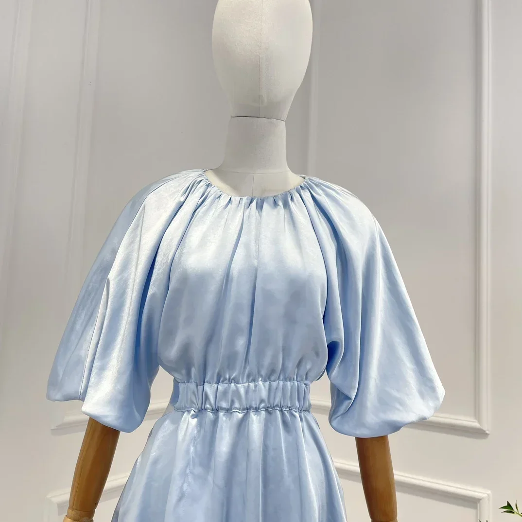 Mini vestido elegante para mulheres, azul céu, branco, preto, elástico na cintura, recortado meia lanterna manga, qualidade superior, nova coleção