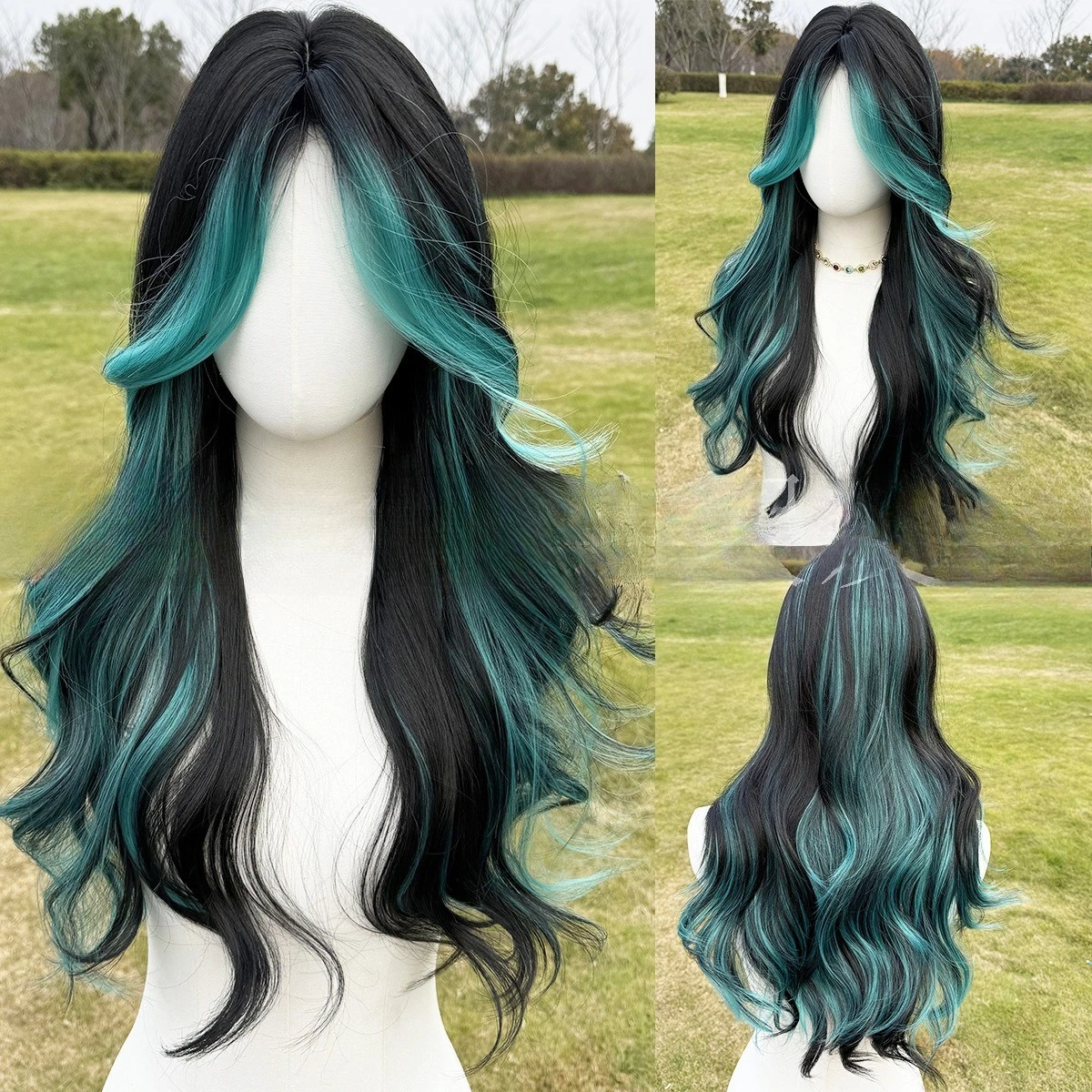 European and American fashion new 24-inch black highlights and green big wave wig