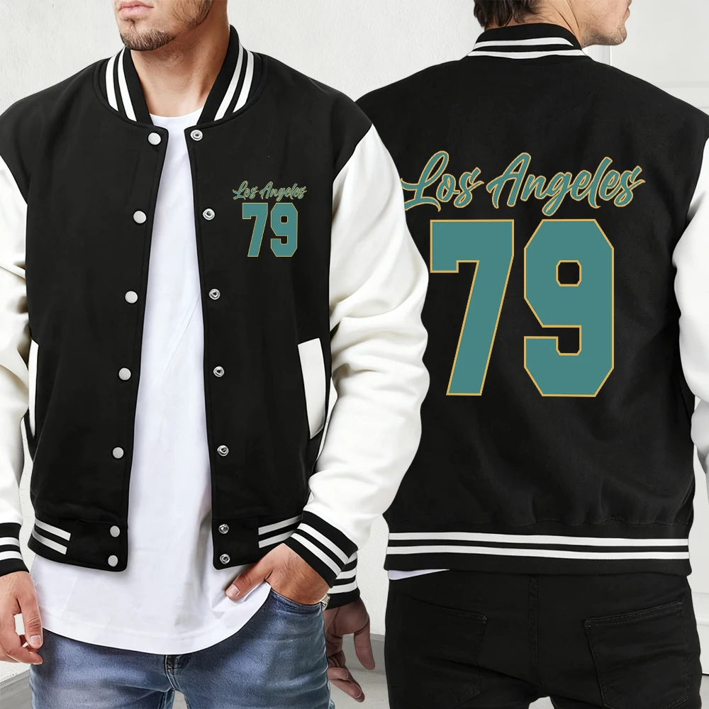 

Los Angeles Number 79 Letter Prints Men'S Baseball Uniform Sport Pocket Jackets Loose High Street Menswear Vintage Casual Veste