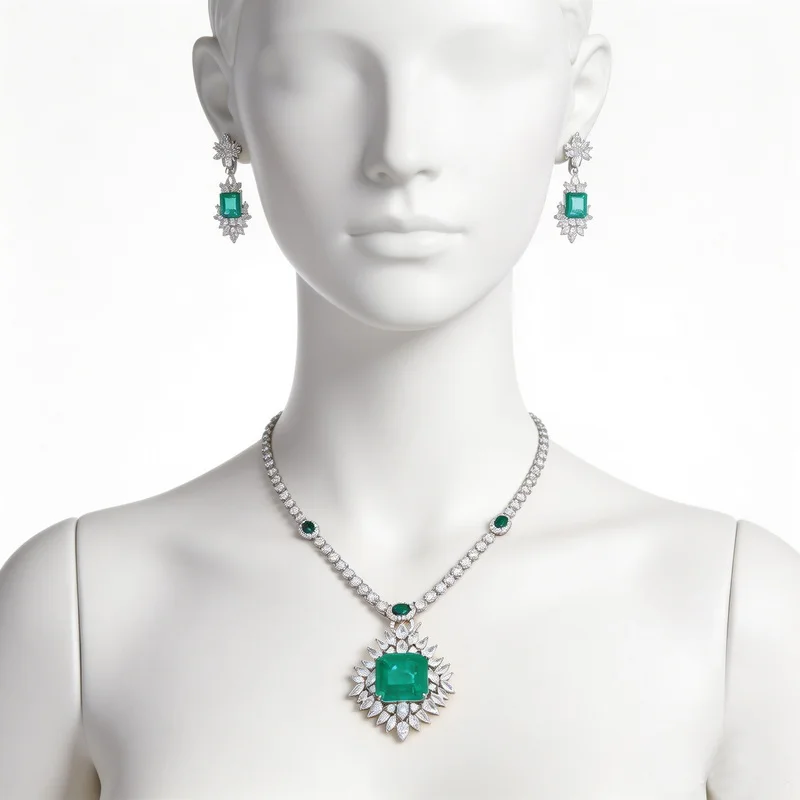 Vintage Fashion Style Earrings Necklace Cubic Zircon Synthetic Paraiba Tourmaline Pendant Detachable Double Chain Jewelry Sets