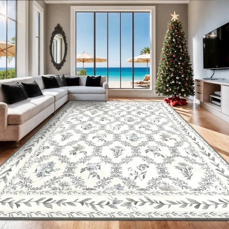 Vintage Beige Gray Persian Medallion Floral Large Felt Area Rug Non Slip Washable Living Room Floor Carpet
