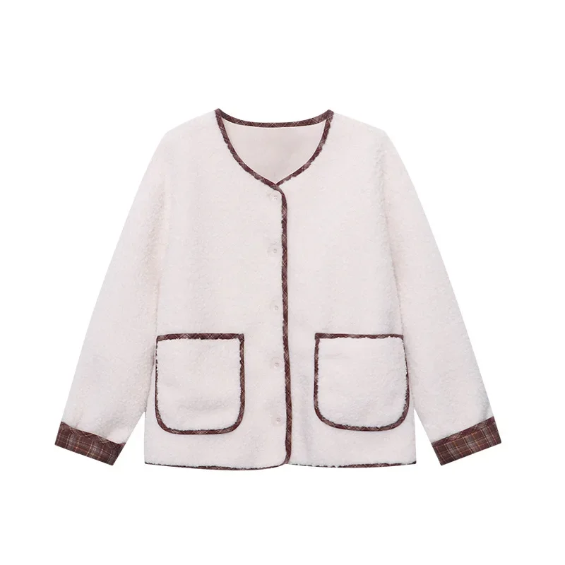 Abrigo informal de cuello redondo para mujer, empalme a cuadros contrastante, piel de cordero de imitación, todo en uno, básico Simple, abrigo cálido francés para mujer