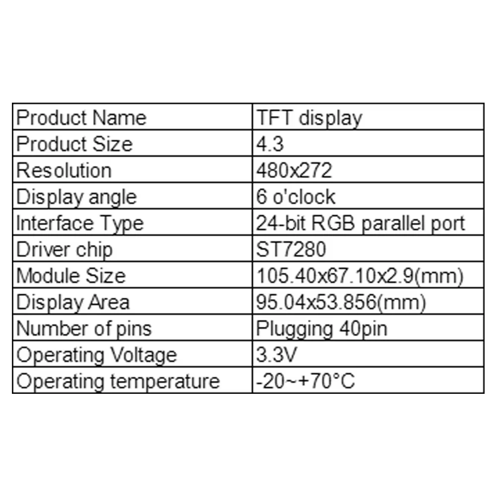 Módulo de tela de exibição TFT LCD, plug-in 40PIN, interface RGB de 24 bits, 480x272 HD IPS, TFT, TN, ST7280, 3.3V, 500, 1000 luminância, 4,3\