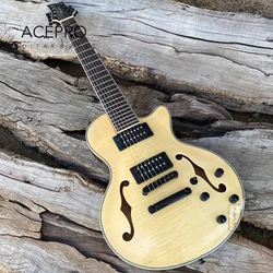 Semi-Hollow Body 7 String Electric Guitar with F Holes, Natural Flame Maple Top Black Locking Tuners, High Quality Guitarra