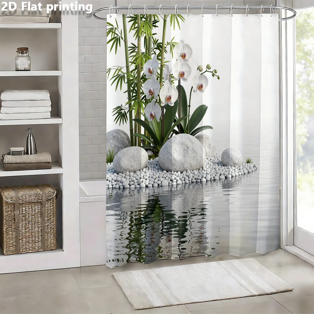 Zen Garden Shower Curtain, White Orchid Bamboo & Stones Waterproof Bath Curtain, Spa Relaxing Bathroom Decor