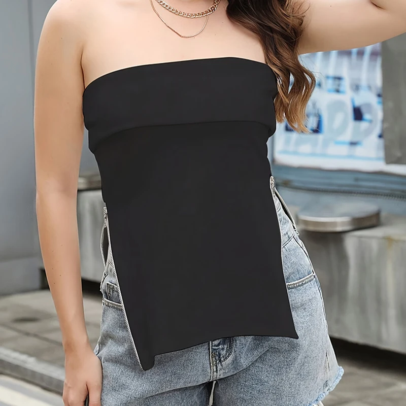 Black Tube Top for Women Sexy Sleeveless Y2K Tees Zipper Outfit Fashion Party Club Streetwear Summer Slim Korean Female Clothes