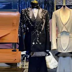 Lusso 2 pezzi abiti da uomo perline su misura cristalli Blazer pantaloni sposo smoking da sposa set di Blazer da ballo di moda maschile su misura