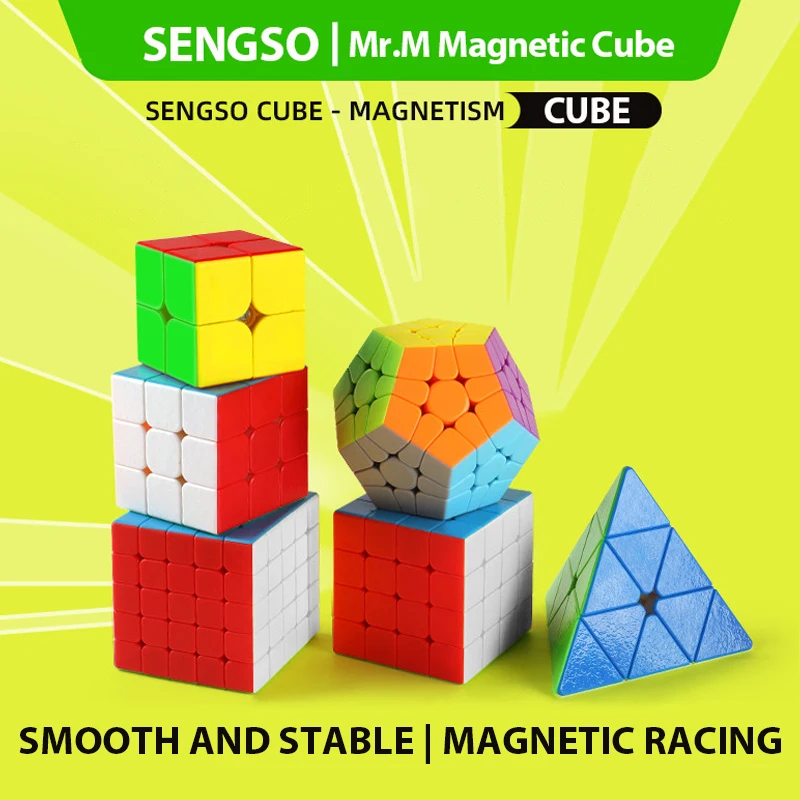 Sengso Magnetic Speed Cube 2x2 3x3 4x4 5x5 Pyraminx Megaminx 3x3, 48 Magnets Cube Stickerless for Kids Beginners Educational Toy