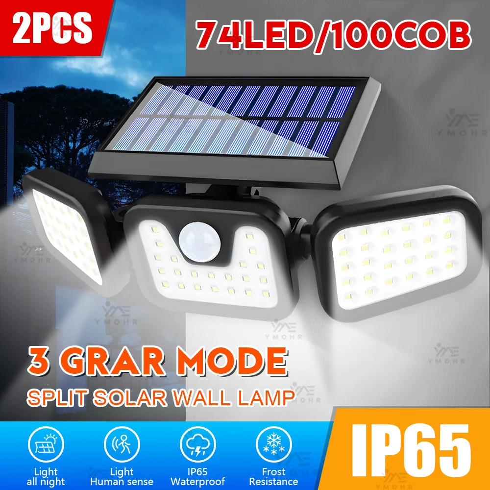 

74 LED Solar Light 3 Head Solar Lights Motion Sensor Wall Lamp Outdoor IP65 Waterproof Solar Power Wall Lamp Garden Yard Lantern