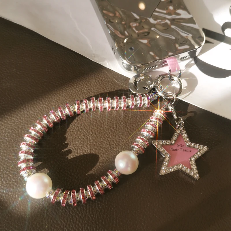 Mobile Phone Lanyard Pentagonal Star Lanyard Love Water Diamond Treasure Lanyard Wrist Strap Short Style Large Pearl Lanyard