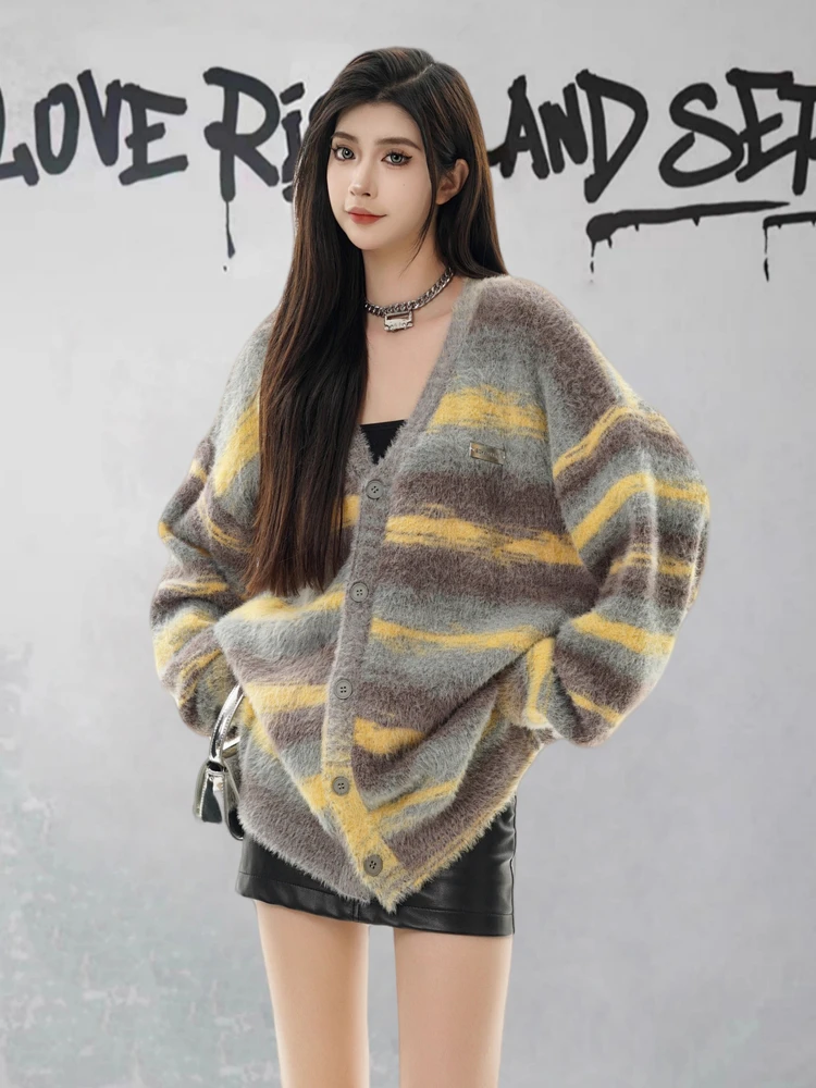 

Soft Cozy Striped Knitted Open Cardigan Women's American Retro Y2K Lazy Sle V-Ne Long Sve Mid-Length Warm Sweater