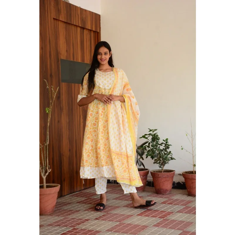 Readymade Kurti Palazzo Indian Handmade Cotton Kurta-Pant & Dupatta