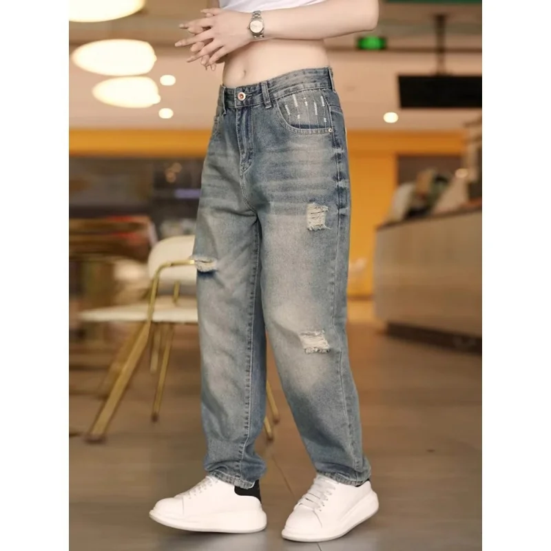 

Мужские универсальные рваные джинсы-шаровары, новые свободные прямые повседневные брюки, крутые модные летние