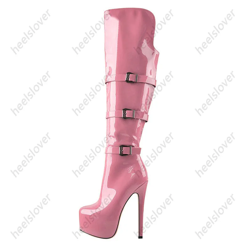 Women Handmade Winter Over Knee Boots Patent Side Zipper Stiletto Heels Round Toe Gorgeous Red Party Shoes Ladies US Size 5-20