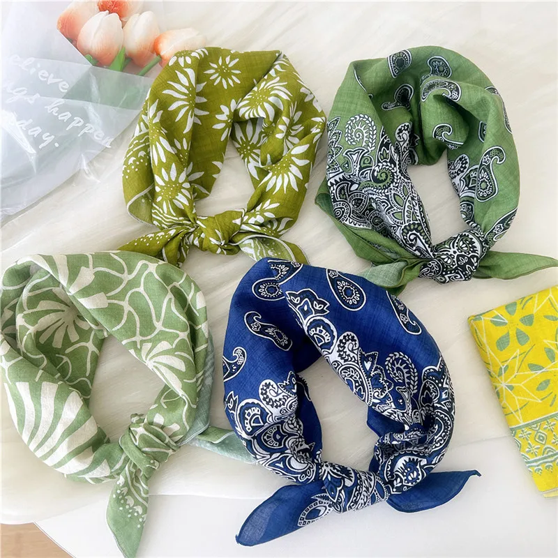 Floral Print Kerchief Square Scarves Bandanas Scarf for Women Neckerchief Cotton Linen Headband Headscarf Hair Band Turban 55cm