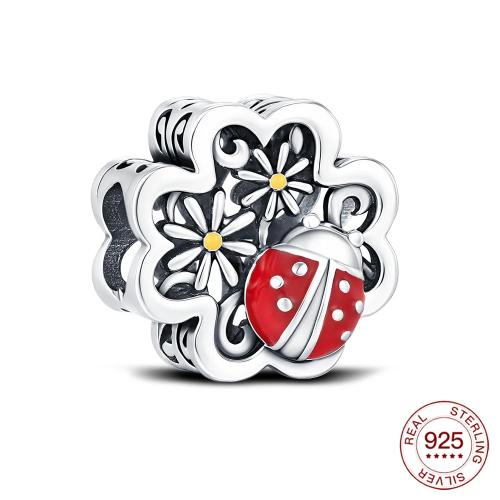 Lucky 925 Sterling Silver Ladybug Daisy Four-leaf Clover Charms Pendants Fit Original Bracelet DIY Holiday Jewelry