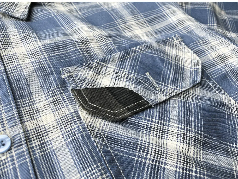 Neue Sommer-Kurzarm-Hemden mit Revers und Karomuster für Herren, einfache 100% Baumwolle, mit einer Tasche, lässige Blusen im amerikanischen Retro-Stil, lockere Oberteile. – Detail 13
