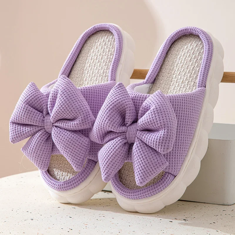 2024 New Solid Color Three-dimensional Bow Thick Soled Korean Style Sweet Four Season Home Wooden Floor Open Toe Slippers