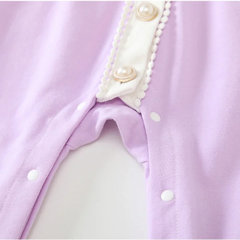 2024 Korean Baby Kids Autumn Climbing Newborn Wear New Lilac Jumpsuit European American Children Light Luxury Bow Belt Clothes