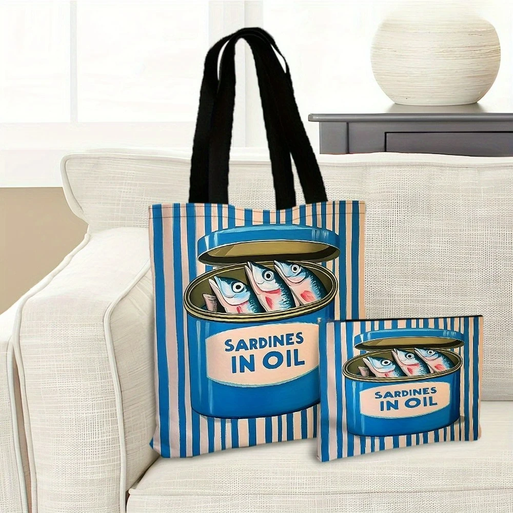 Sardines Oil Can Art Tote Bag Beach Bag with Makeup Bag Casual Reusable Shopping Bag Shoulder Bag Travel Toiletry Bag Gift
