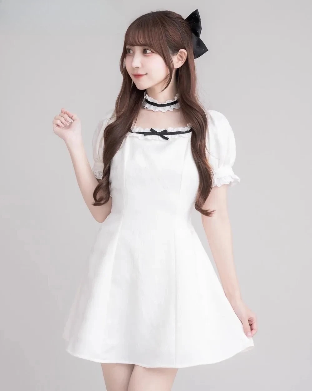 Japanese Style Women's Casual Dresses Cute Girl Lace Color Matching Satin Bow Jacquard Cute Short Sleeve Dress Summer