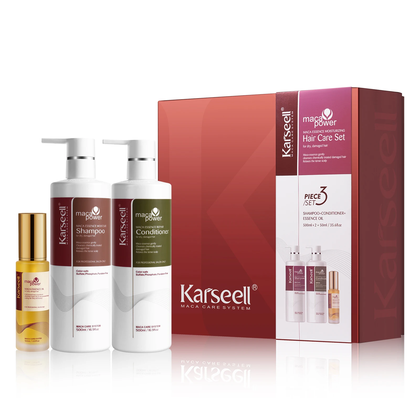 Karseell Maca Essence Hair Care Set, Hair Oil Shampoo and Conditioner Set for Dry Damaged Hair All Hair Types 2 x 500ml + 50ml