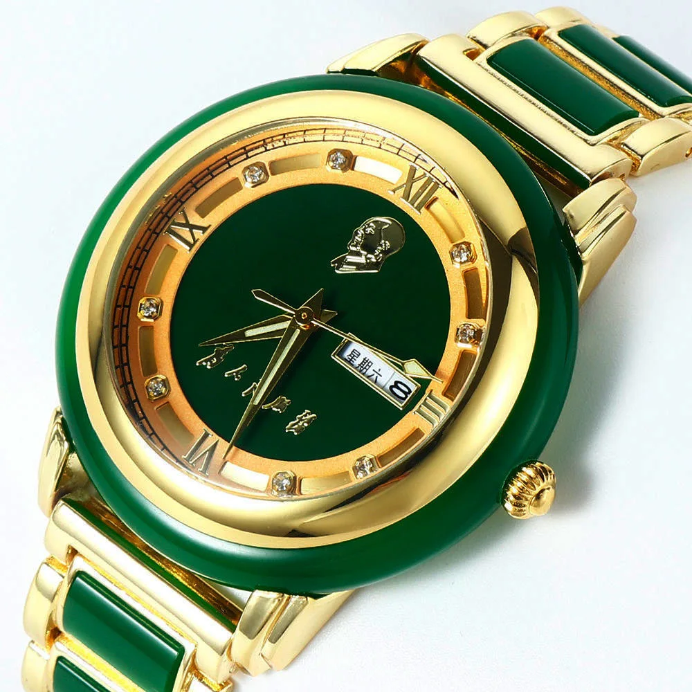 Reloj de pulsera de piedra de Jade para hombre, cronógrafo de cuarzo, esfera de lujo, caja de piedras preciosas, bisel de Color dorado, calendario