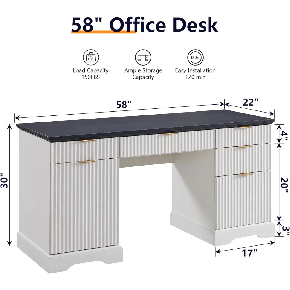 مكتب تنفيذي حديث مقاس 58 بوصة مع مساحة تخزين، مكتب منزلي خشبي مع 5 أدراج وخزانة واحدة، مكتب كتابة كمبيوتر مخدد للمسمار #2