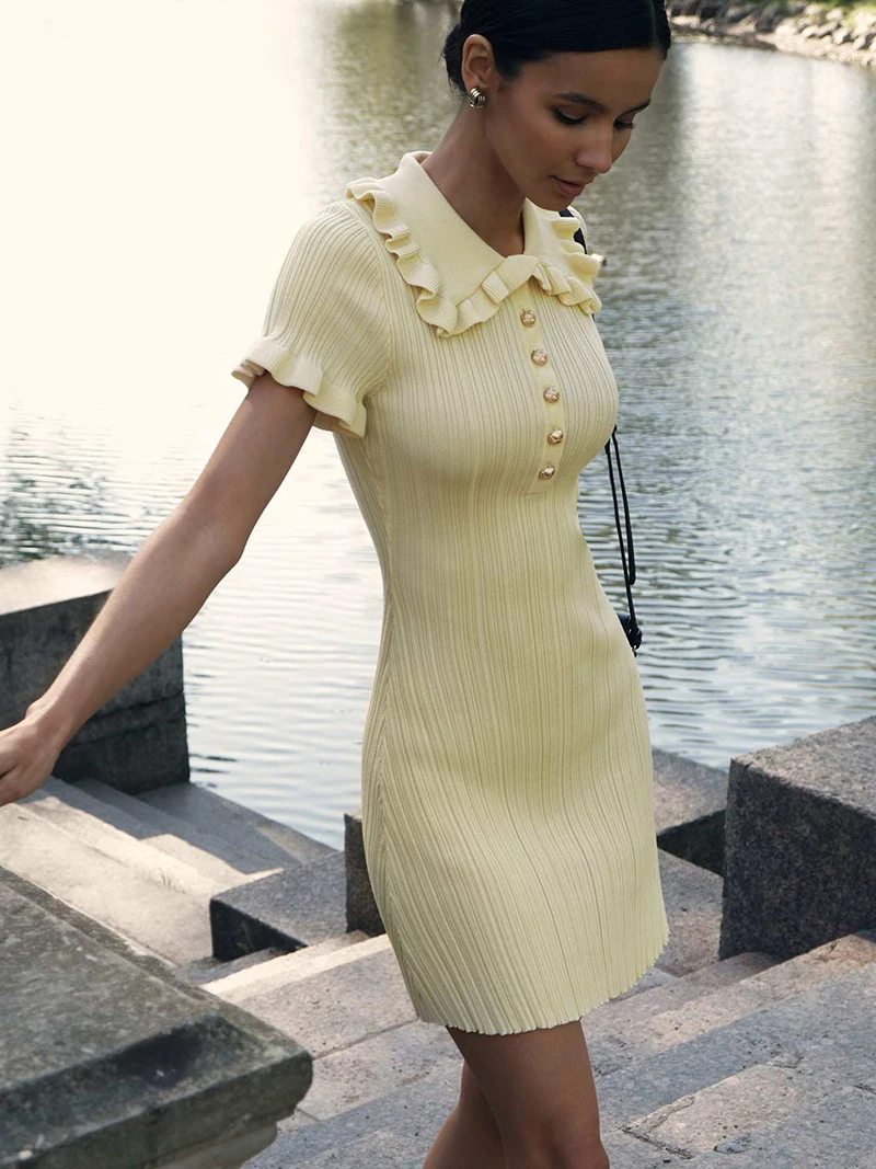 New Ruffle Knitted Mini Dress for Women Slim Fit 2025 Summer Short Sleeve Dress Elegant High Waist Bodycon Retro Female Dress