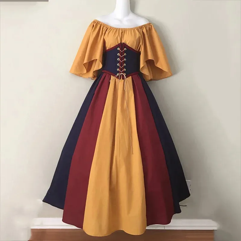 

COSda@European Medieval Retro Contrast Color Slim Dress Big Swing Skirt One Shoulder Dress Female Cosplay Costume Halloween Part