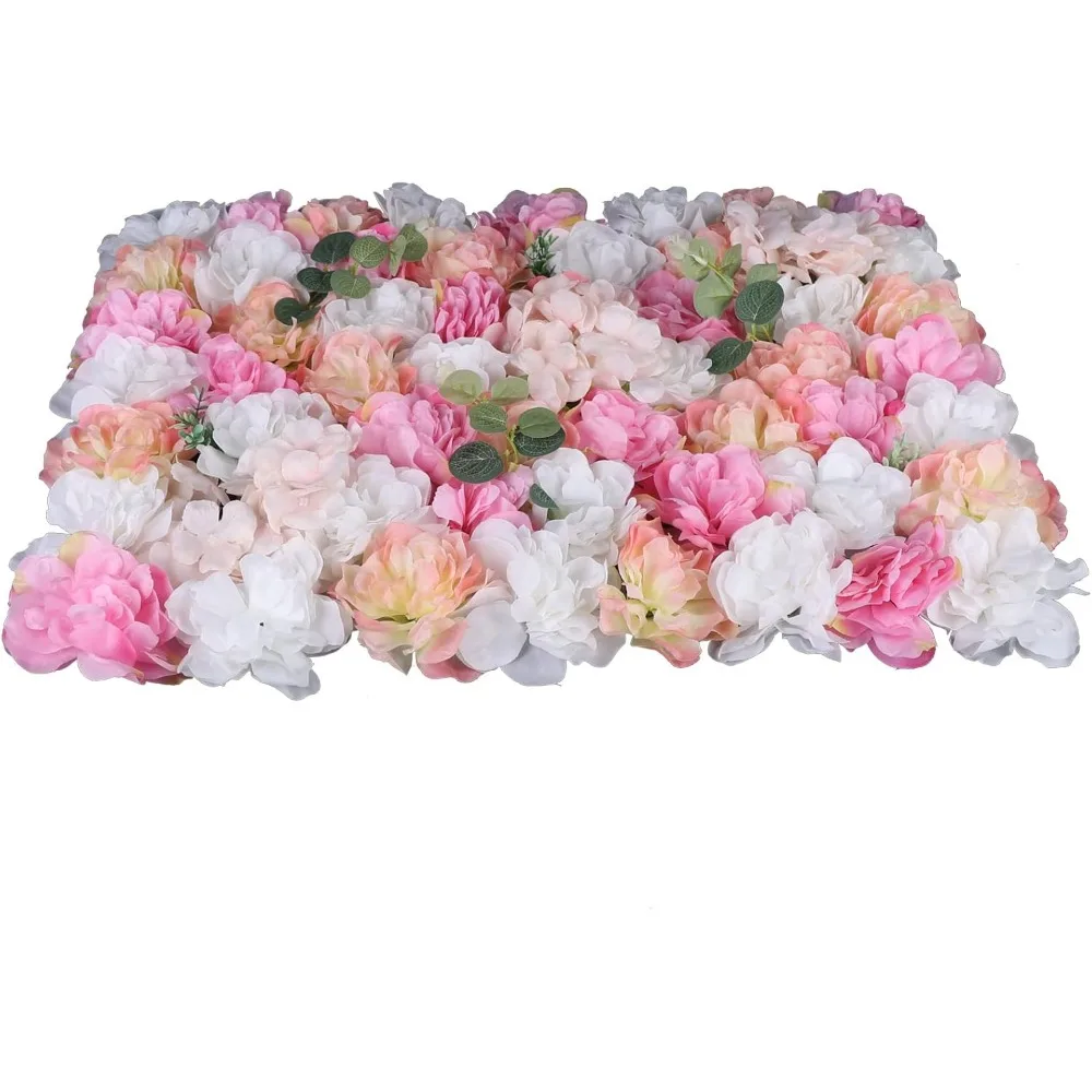 12pcs Artificial Flower Wall Panel Background 3D Pink Champagne Silk Eucalyptus Rose Flowers Wall Backdrop