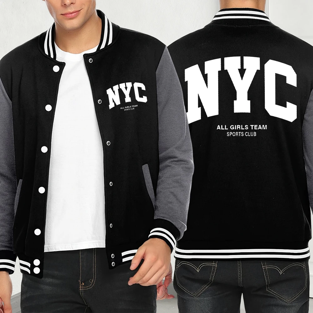 

New York City Letter Eye-Catching Print Jackets Men Autumn Fashion Fleece Pullover Casual Creative Clothes Vintage Pocket Jacket