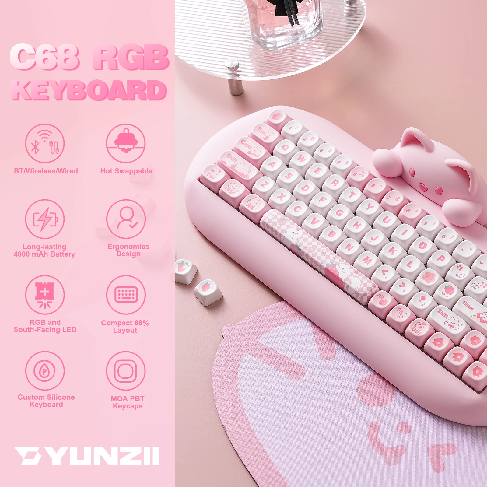 YUNZII-Cute Cat Silicone Teclado Mecânico para Jogos, NKRO Rosa, Teclado Ergonômico Sem Fio, Bluetooth 5.0, 2.4G, RGB, 65% Hi-Fi, C68