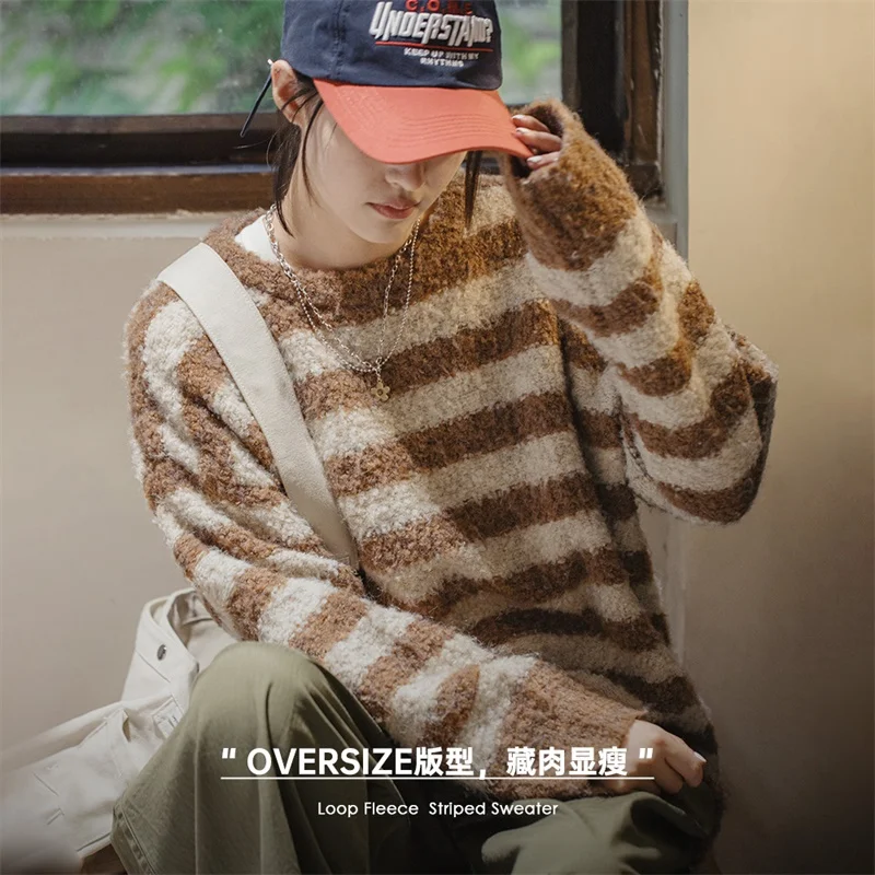 Maden Oversize Striped Sweater for Women Autumn and Winter Loop Fleece Pullover Knitwear Warm Top Loose-fit Thick Sweater