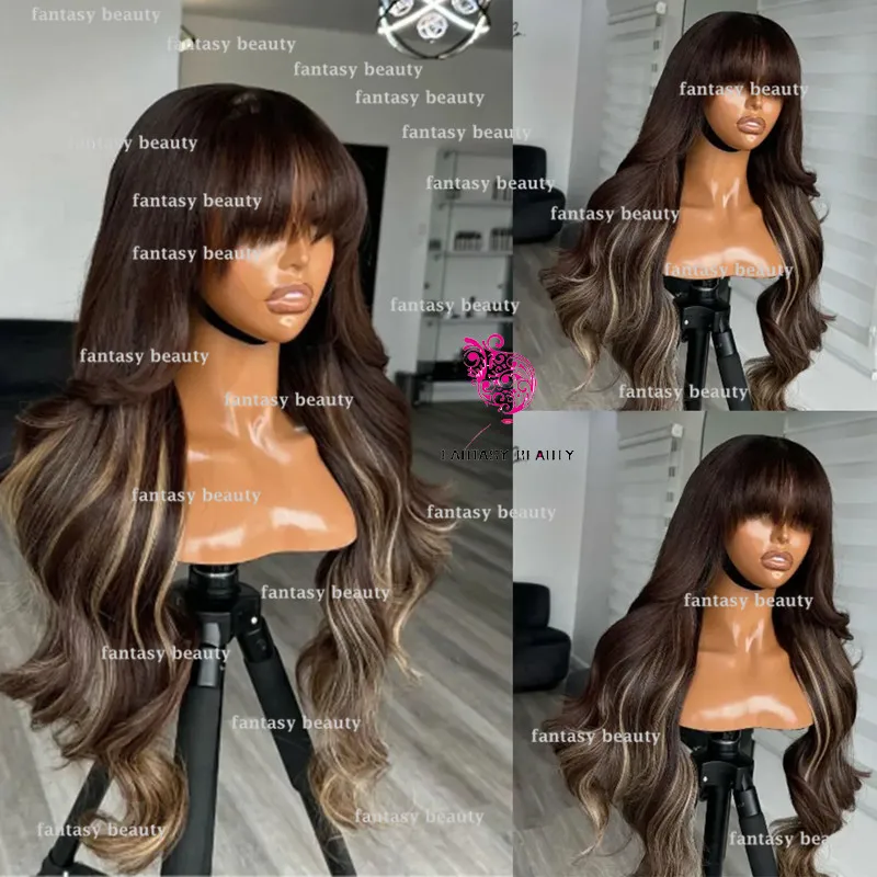 Highlights Gold Lace Body Wave 100%Remy Hair Dark Brown bangs 13 x 6 Breathable Front Lace wig High density Lace wig 200 density